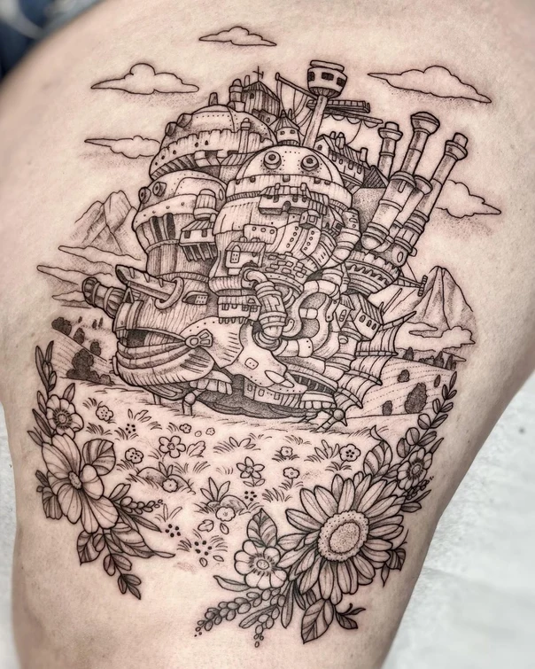 Illustrative Castle, Flowers tattoo on Thigh