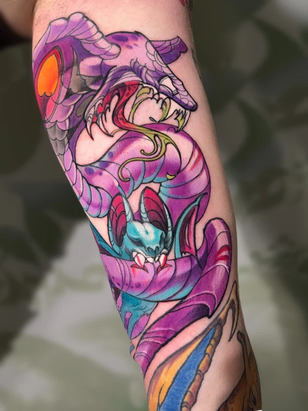 New School Snake, Bat tattoo on Forearm