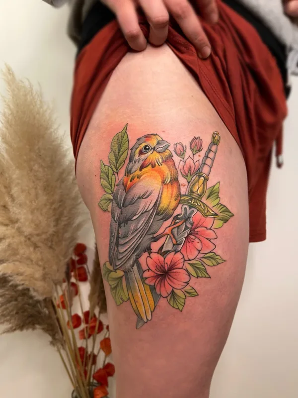 color illustrative tattoo auf thigh #56819 | Tätowierer Iryna Yanovska