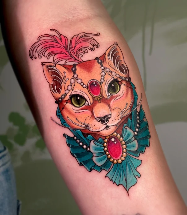 Neo Traditional Cat, Ornament tattoo on Forearm