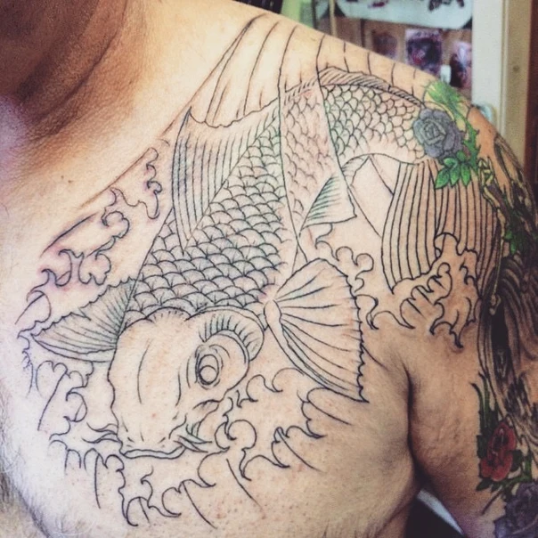 Japanese Koi, Waves tattoo on Chest