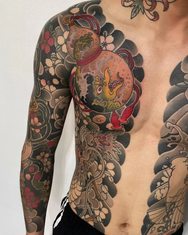 Japanese Dragon, Flowers tattoo on Full body