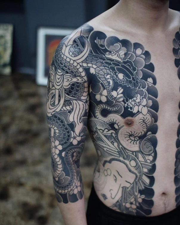 Japanese Snake, Flowers tattoo on Full Sleeve