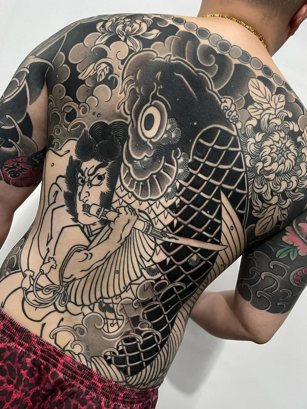male black and grey japanese tattoo on full back #56842 | Tattoo Artist Horimaroo
