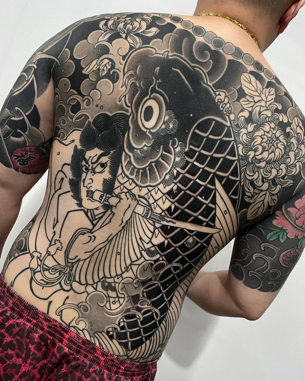 Japanese Koi fish, Samurai tattoo on Full Back