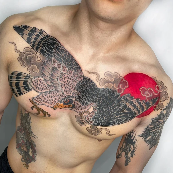 Japanese Hawk, Clouds tattoo on Chest