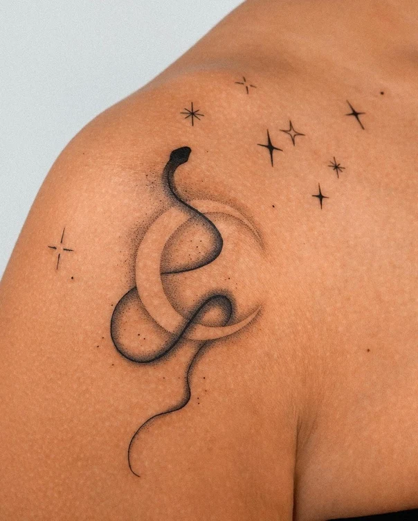 Linework Snake, Moon tattoo on Shoulder