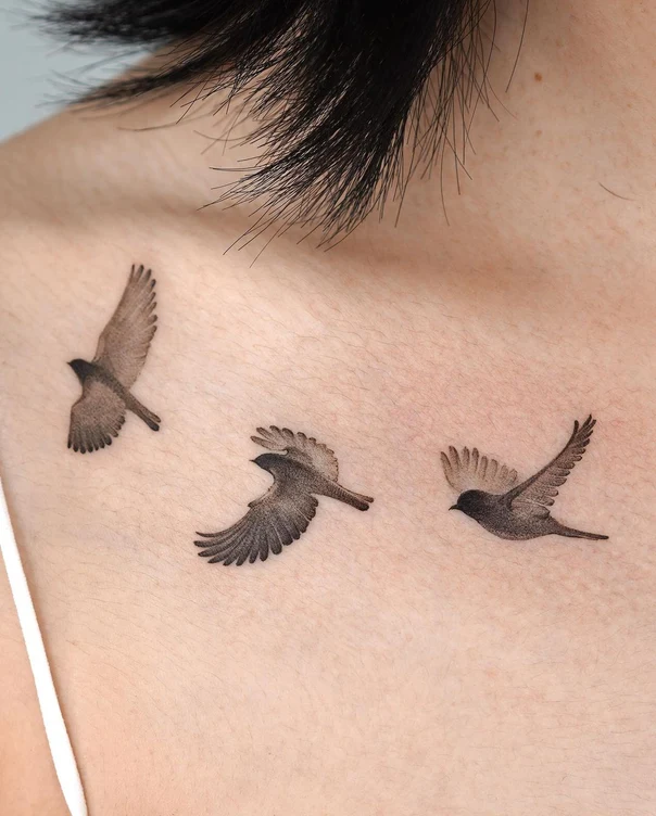Fineline Birds tattoo on Chest