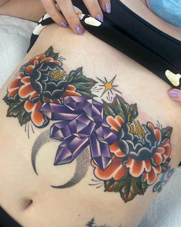 Neo Traditional Flowers, Crystals tattoo on Stomach