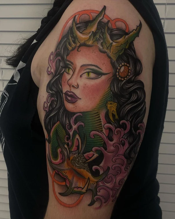 Neo Traditional Mermaid, Sea creature tattoo on Upper Arm