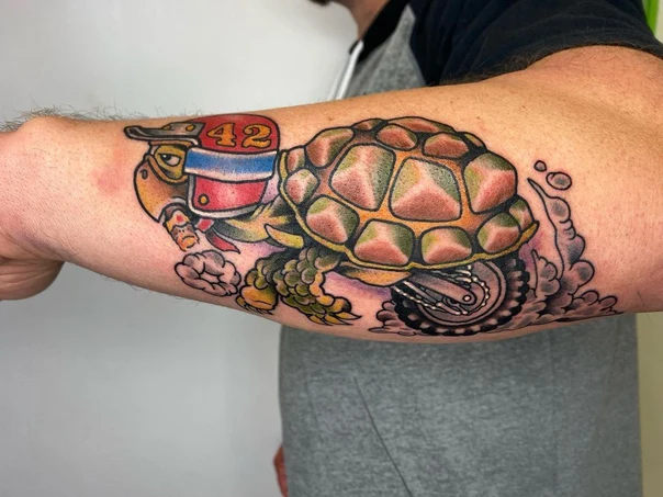 Old School Turtle, Motorcycle tattoo on Forearm