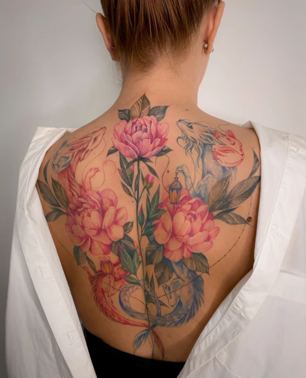 Illustrative Flowers, Dragon tattoo on Upper Back