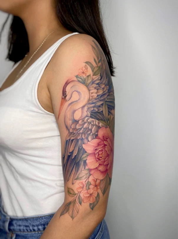 Watercolor Bird, Flower tattoo on Full Sleeve