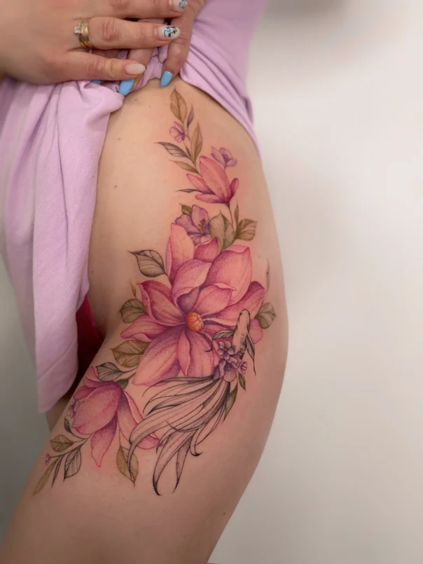 Watercolor Flowers, Fish tattoo on Thigh