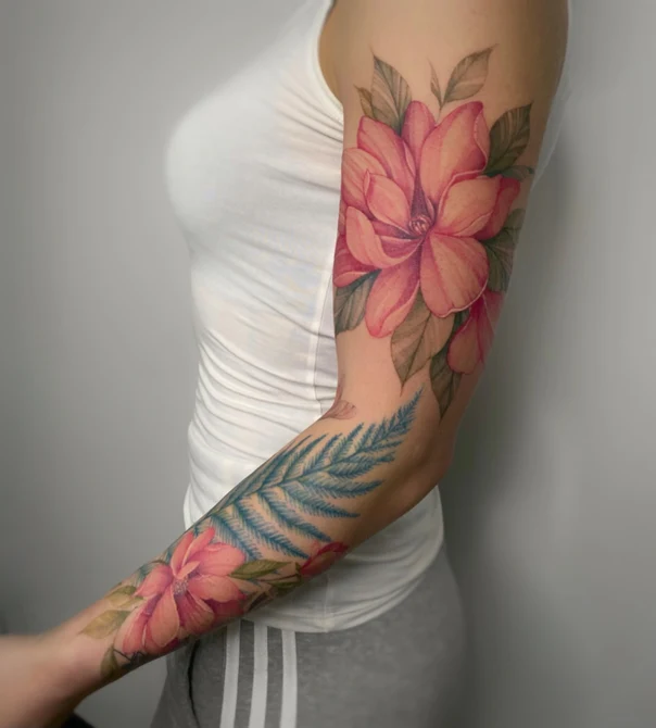 Watercolor Flower, Leaf tattoo on Full Sleeve