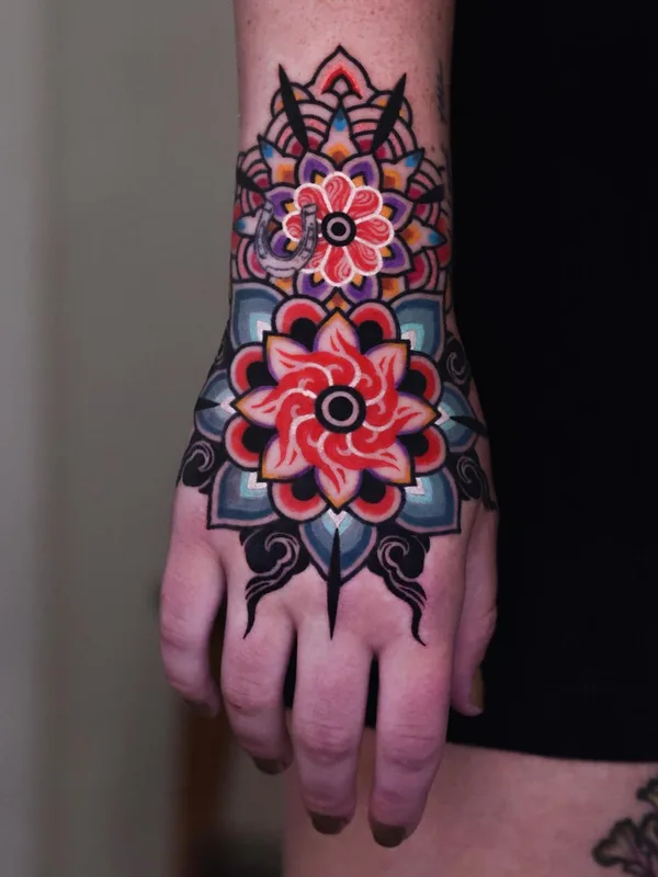 color ornamental tattoo on hand #56945 | Tattoo Artist Kiwa