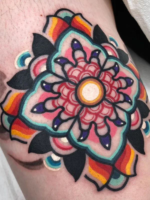 color ornamental tattoo on thigh #56954 | Tattoo Artist Kiwa