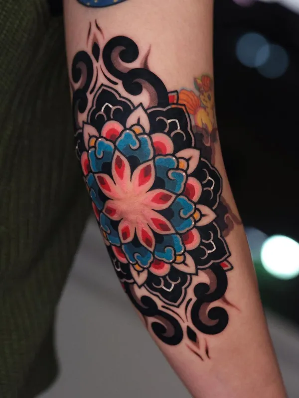 color ornamental tattoo on elbow #56946 | Tattoo Artist Kiwa
