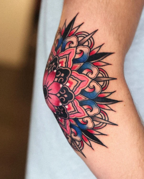 Neo Traditional Floral, Mandala tattoo on Elbow