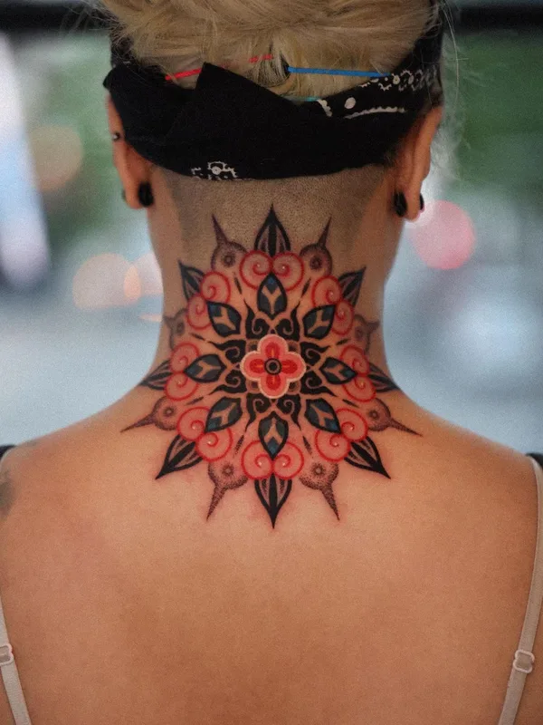 female color ornamental tattoo on back of neck #56955 | Tattoo Artist Kiwa