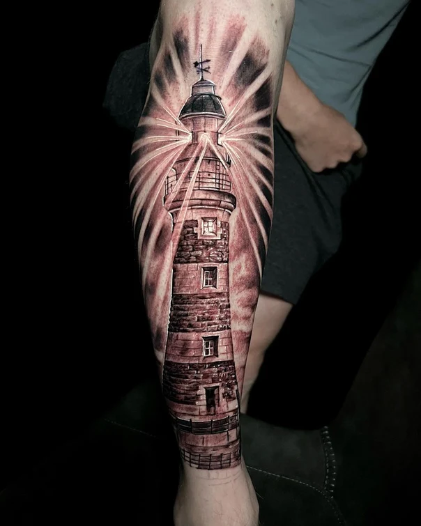 Realism Lighthouse tattoo on Calf