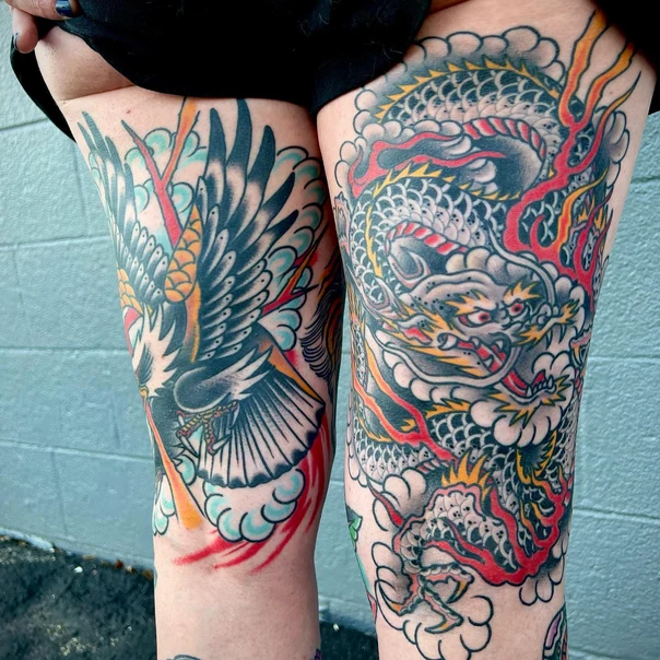Japanese Dragon, Eagle tattoo on Thigh