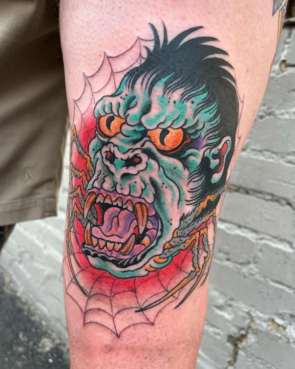 Neo Traditional Gorilla, Spiderweb tattoo on Thigh