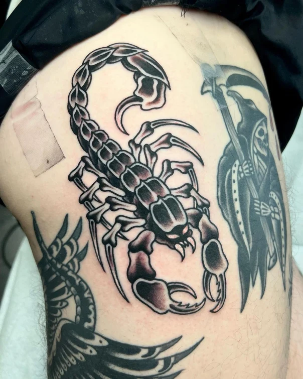 Traditional Scorpion, Grim reaper tattoo on Thigh