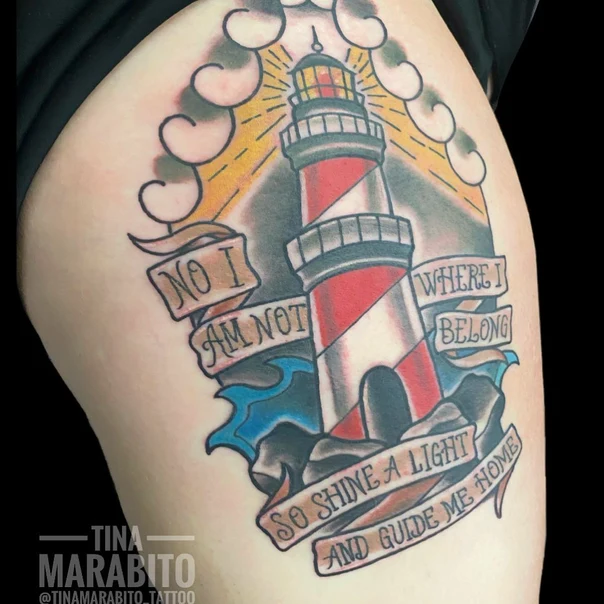 Traditional Lighthouse, Banner tattoo on Thigh