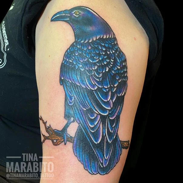 Illustrative Raven, Branch tattoo on Upper Arm