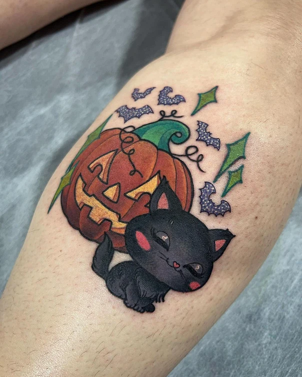 Cartoon Pumpkin, Cat tattoo on Calf