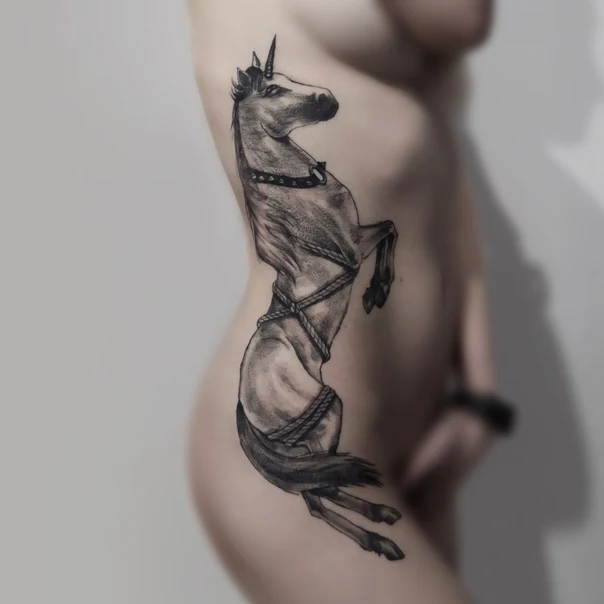 Black & Grey Unicorn, Rope tattoo on Side