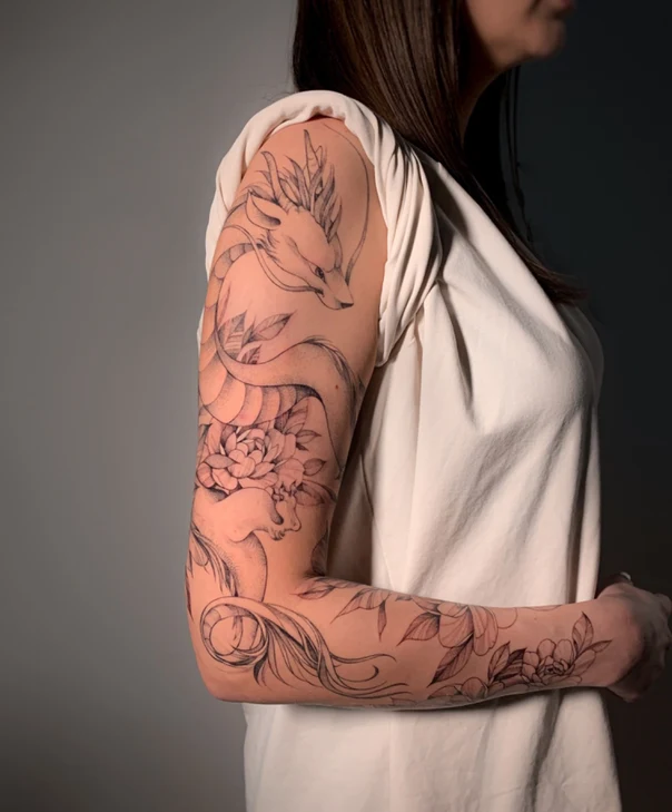 Linework Dragon, Flowers tattoo on Full Sleeve