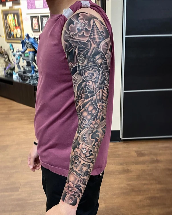 Japanese Samurai, Flowers tattoo on Full Sleeve
