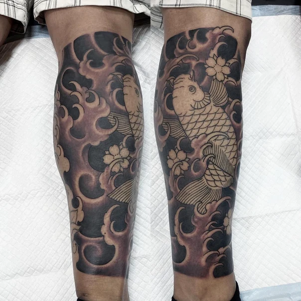 Japanese Koi, Waves tattoo on Calf