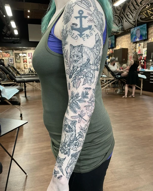 Blackwork Fox, Anchor tattoo on Full Sleeve