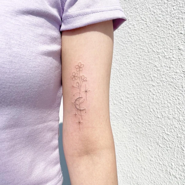 Fineline Flowers, Moon tattoo on Forearm