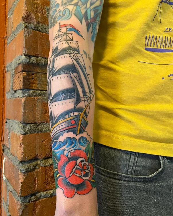 Old School Ship, Rose tattoo on Forearm