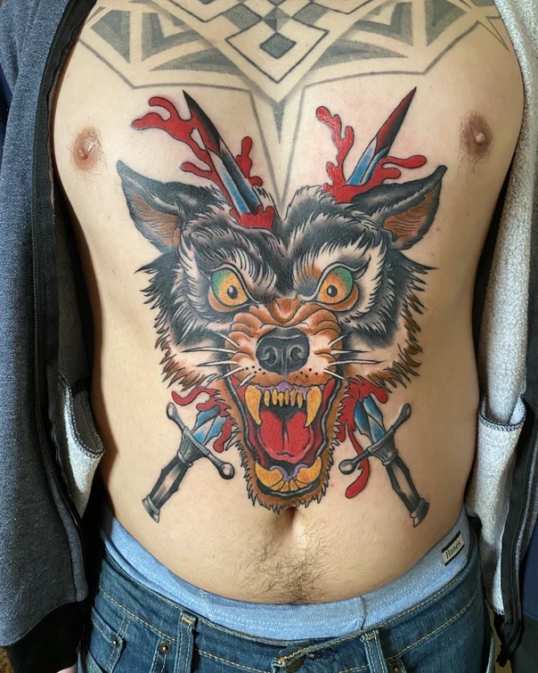 Neo Traditional Wolf, Dagger tattoo on Chest