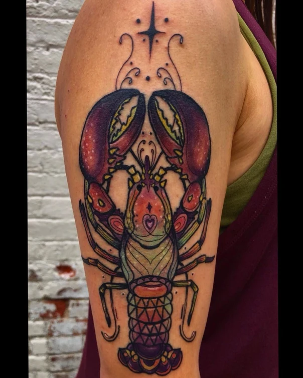 Neo Traditional Lobster, Star tattoo on Upper Arm
