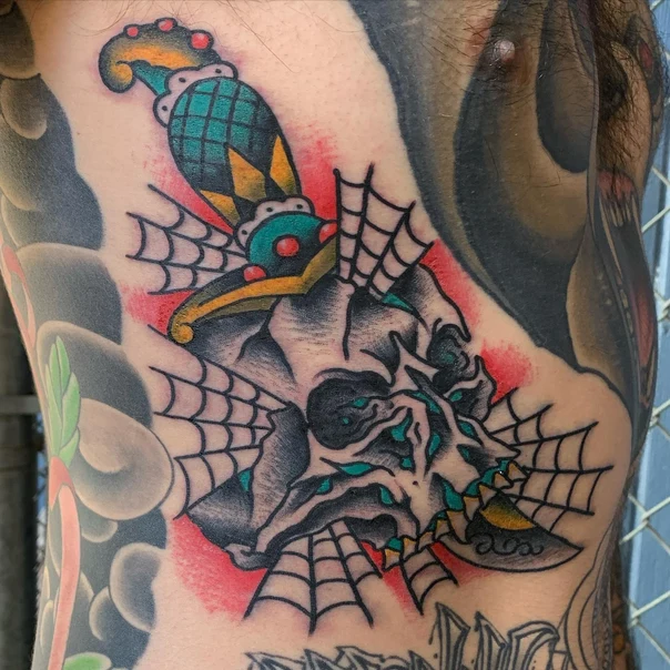 Neo Traditional Skull, Dagger tattoo on Chest