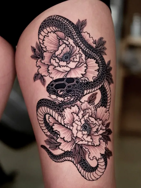 black and grey blackwork 纹身 在 thigh #57407 | 纹身师 dino_oriental