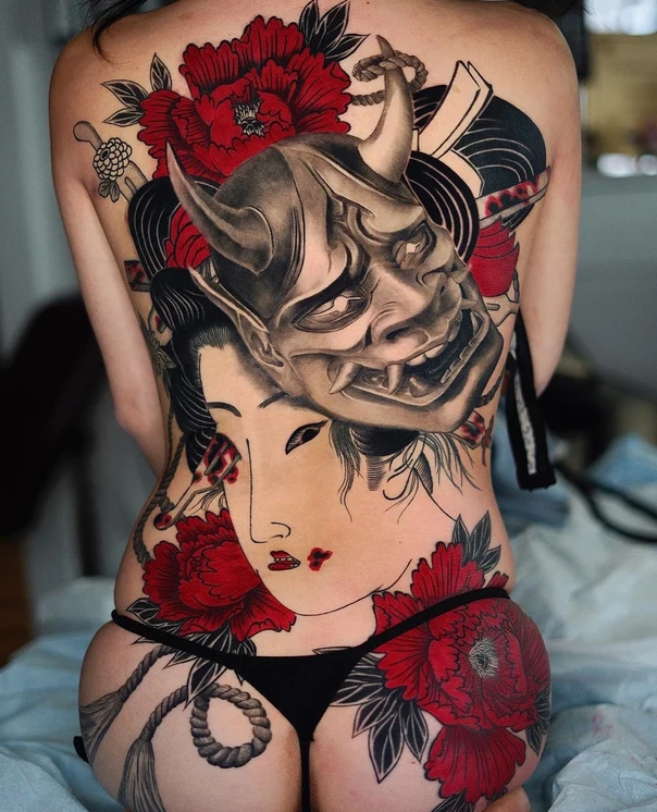 Japanese Oni mask, Geisha tattoo on Full Back