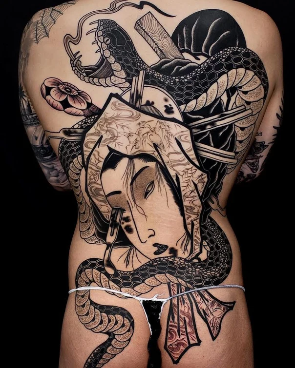 Japanese Snake, Geisha tattoo on Full Back