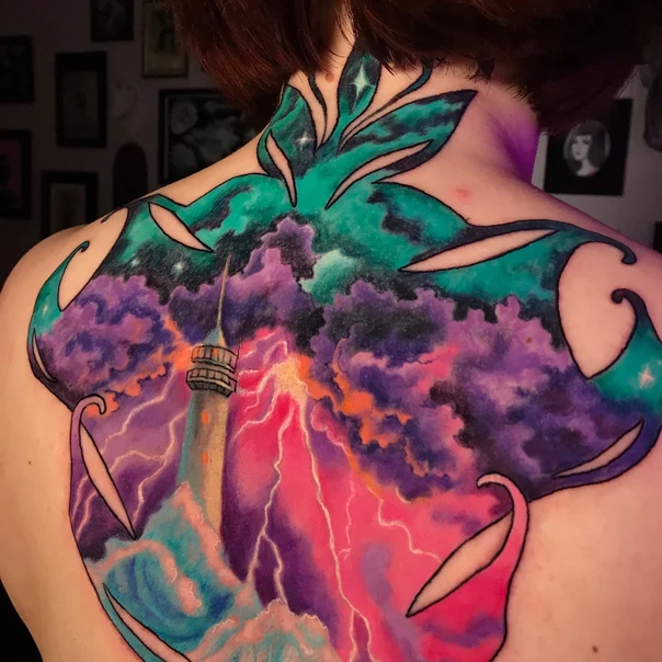 Watercolor Lighthouse, Storm tattoo on Upper Back
