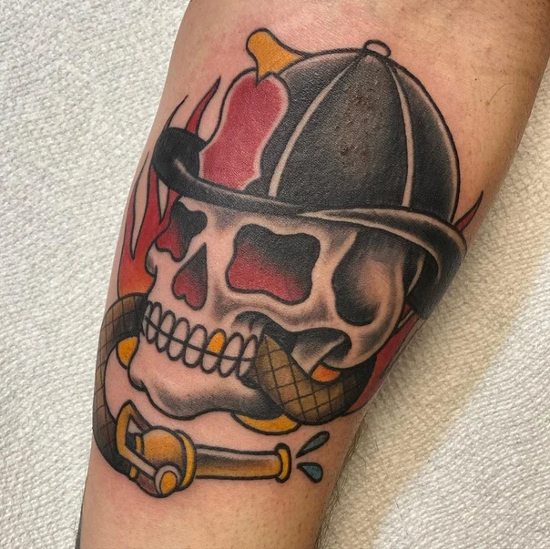 Old School Skull, Fire tattoo on Forearm