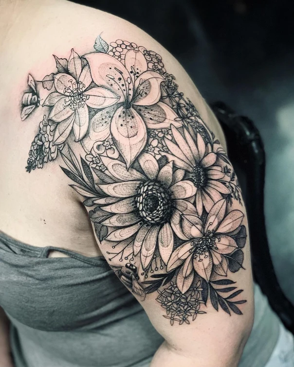 Blackwork Flowers, Bee tattoo on Shoulder