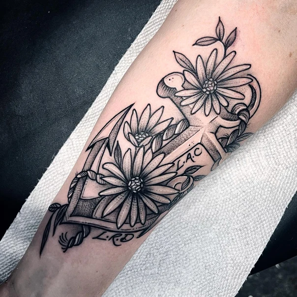 Blackwork Anchor, Flowers tattoo on Forearm