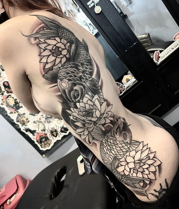 Japanese Koi fish, Lotus tattoo on Side