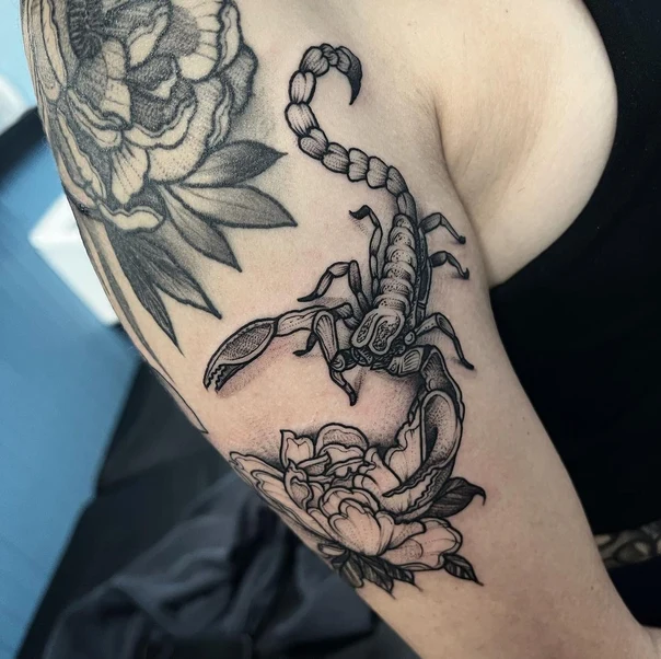 Black & Grey Scorpion, Flower tattoo on Upper Arm